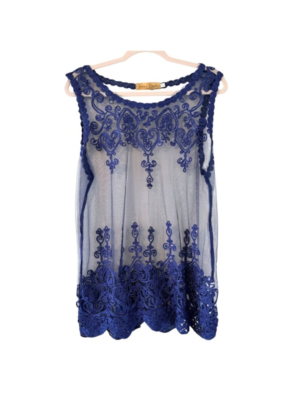 Jessica Taylor Blue Sheer Lace Embroidered Sleeveless Tunic Top Ones Sz Top - Picture 2 of 12
